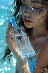 Close-up photo of a model holding a cosmetic product in her hand