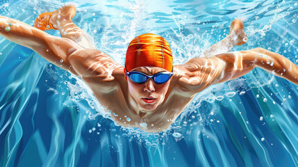 A man swims freestyle in a pool, wearing a bright orange swim cap and goggles