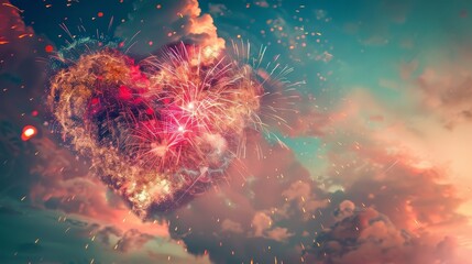 Poster - Colorful and Vibrant Fireworks Bursting in a Heart-Filled Sky,Creating a Dramatic and Backdrop for an Independence Day