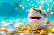 © Anzhelika - A shark guards treasures in the form of gold coins and Bitcoin at the bottom of the sea. The concept of earnings in the field of speculation in financial markets