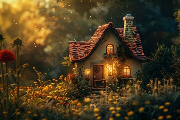 Poster - Idyllic, fairytale cottage surrounded by a mystical forest in golden hour light