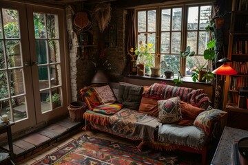 Poster - Warm and inviting living room filled with ethnic cushions, traditional rugs, and a comfortable sofa