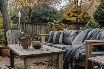 Tranquil autumn backyard scene with comfortable wooden furniture and warm blankets