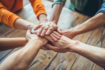 An office scene showing business people working together on a wooden background. The concept is to support one another and work together.