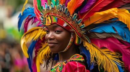 Araffe woman in a colorful costume with a large feather headdress