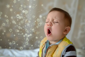 emotional moment small germs fly from sneezing baby. close-up shot of infant sneeze expelling viruse