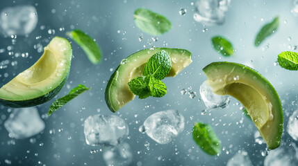 Flying Avocado slice with mint leaves