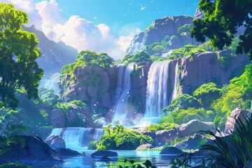 Wall Mural - A serene waterfall surrounded by dense foliage in a vibrant green forest