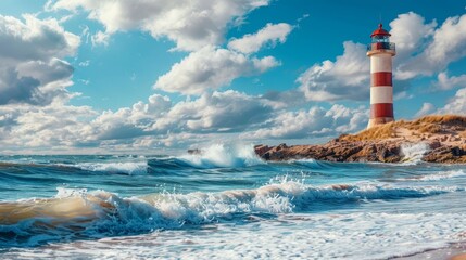 Canvas Print - Breathtaking scenic wallpaper featuring a majestic coastal lighthouse standing tall against a backdrop of crashing ocean waves and a serene,atmospheric sky.