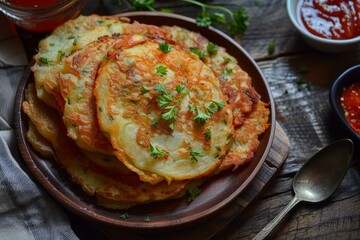 Sticker - Savory cheese potato pancakes garnished with herbs, served with dipping sauce on a rustic table