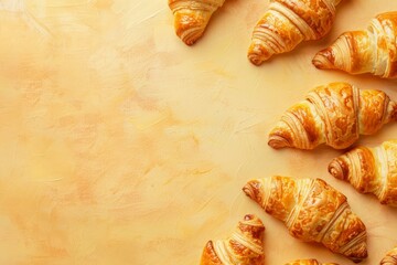 Poster - Variety of golden croissants artfully arranged on a textured warm background