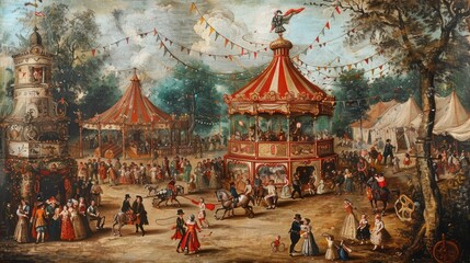 Carnival scene with people celebrating and enjoying the amusement