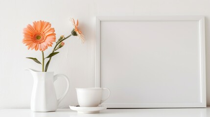 Canvas Print - Vase with flower, tea or coffee cup, clock, white frame