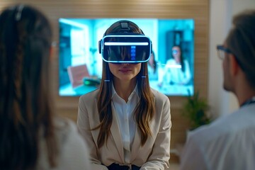 Wall Mural - beautiful businesspeople wearing eyeglasses engaging in virtual reality holographic conferencing wit