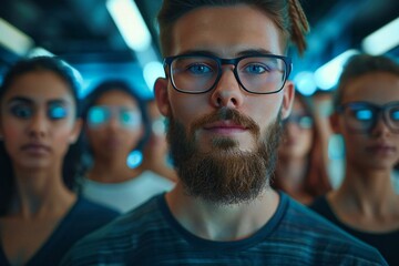 Wall Mural - team of diverse beautiful young professionals, including a well-groomed bearded man wearing glasses,