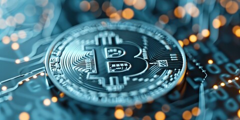 A close-up of a physical Bitcoin coin, with intricate details of the cryptocurrency's design highlighted against a blurred background of digital code