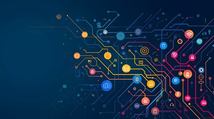 A colorful image of a network of wires and icons. The image is meant to represent the interconnectedness of technology and the internet.
