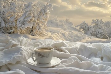 Sticker - Cozy cup of coffee nestled on a snowy blanket with frostcovered trees and soft sunlight