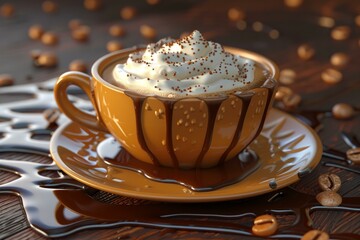 Canvas Print - A tantalizing cup of coffee topped with whipped cream and sprinkles, amidst spilled beans and chocolate