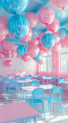 Wall Mural - Pastel balloons floating in a bright classroom