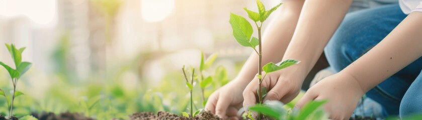 A family planting trees in an urban park, highlighting community efforts to reduce carbon footprints