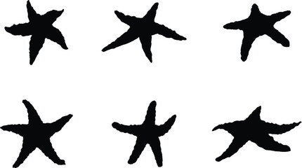 A silhouette collection of starfish in a variety of positions