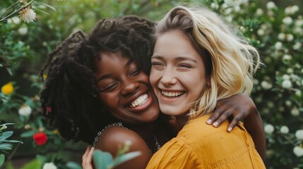 Wall Mural - Two women embracing in nature smiling happily