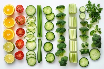 Sticker - Top view of sliced citrus fruits and green veggies neatly arranged on white