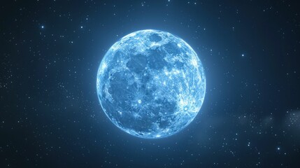 A luminous blue moon illuminates the dark expanse of space surrounded by a tapestry of twinkling stars