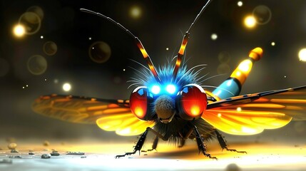 Wall Mural -   A close-up image of a bug with illuminated facial features and wings against a dark backdrop