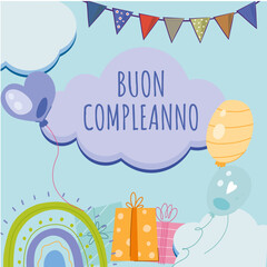 biglietto o fascia per augurare buon compleanno a un bambino in blu in una nuvola con gagliardetti in regalo di vari colori attorno ai palloncini