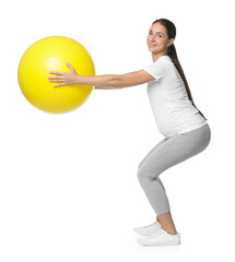 Poster - Beautiful pregnant woman with fitball doing exercises on white background