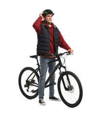 Poster - Smiling man in helmet with bicycle on white background