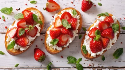 Wall Mural - A dessert featuring whipped cream and strawberries on top of four slices of bread