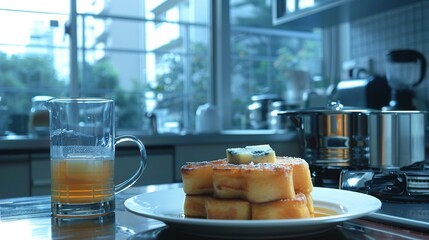 Poster -   A dish of cuisine rests on a surface near a container of H2O and a teapot on the table