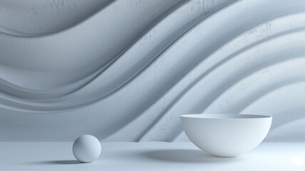 Wall Mural - Minimalist white room with wavy wall, bowl, and sphere