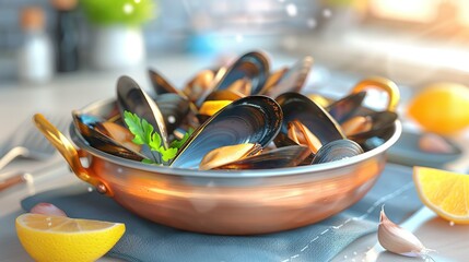 Sticker -   Metal bowl holding mussels on table, lemon wedges nearby and knife accessibly positioned