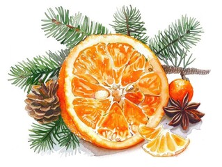 Orange Slice Watercolor. Citrous Fruit Illustration with Mandarin Orange and Anise Star