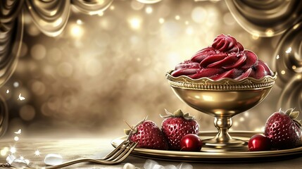 Canvas Print -   A golden plate holds an ice cream bowl adorned with strawberries, set on a table under a curtain backdrop