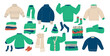 © Syuzann q - Set of cozy knitted sweaters, scarves, socks, and warm accessories. Winter warm clothes kit. Vector hand drawn collection illustration isolated on white background.