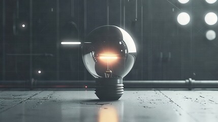 Poster -   A light bulb sits atop a floor beside a metal object and above it glows