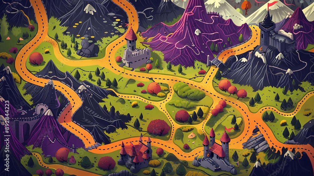 Top view of a map, cartoon, semi-realistic, a dotted path, adventure ...