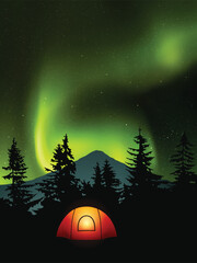 Sticker - orange tent on meadow under tree. camping at night. green polar lights