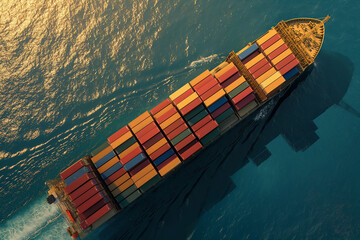 Aerial view of a container ship hauling cargo for logistic transportation, a vessel in ocean freight shipping, and a vessel in business commerce maritime