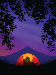 Sticker - Couple sit in orange tent. Camp in mountains under purple polar lights