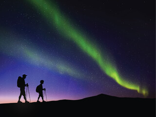 Poster - Father and son travel. Family walk with trekking poles. Polar lights