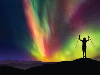 Poster - Mountain climb. Woman with trekking poles on top of hill. Polar Lights