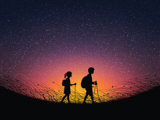 Poster - Children with trekking poles. Brother and sister travel under stars