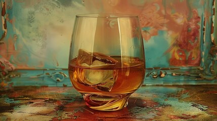 Wall Mural -  A tableau of a glass with liquid resting atop it, adjacent to a fish painting on the wall