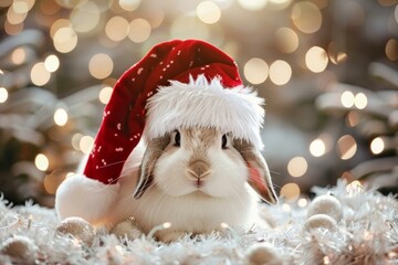 Poster - Adorable rabbit wearing a santa claus hat on a sparkling light background with christmas decorations